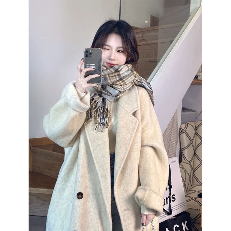 European and American Hepburn style single-layer coat autumn and winter Korean style loose original version small woolen coat women's mid-length