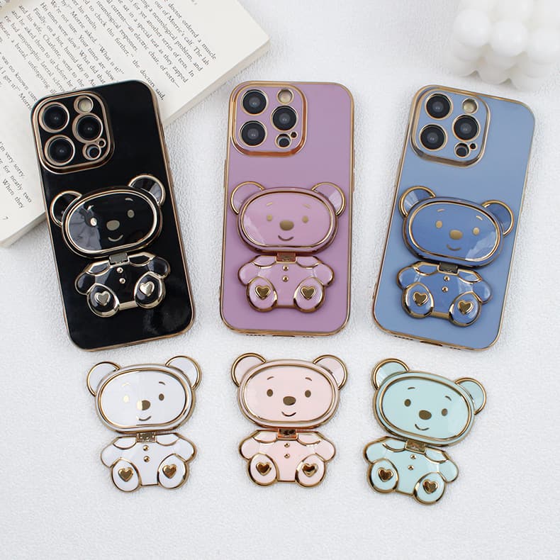 Smile Bear Electroplated Phone Holder Pull-Out Portable Makeup Mirror Phone Holder Compatible with iPhone 15 Pro