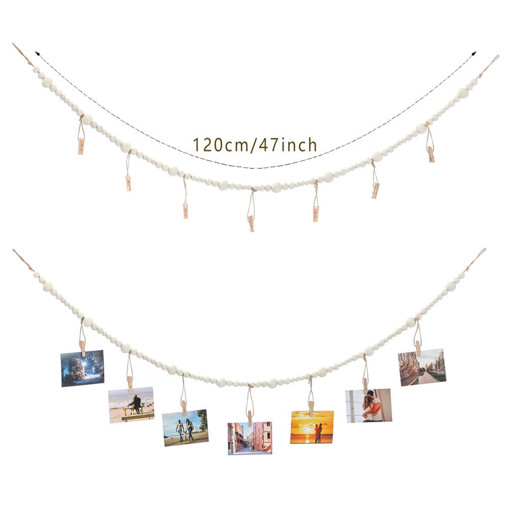 Wood bead hanging photo display with jute rope, wooden bead tassel clips, photo frame storage wall decoration.