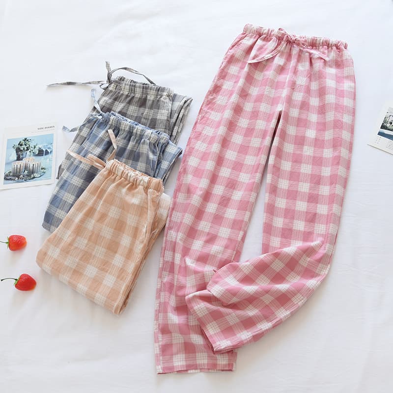 Washed Cotton Long Pants for Men and Women, Spring/Autumn Sleep Pants, Japanese Style Pure Cotton Thin Summer All-Cotton Lounge Pants, Simple Plaid Pants
