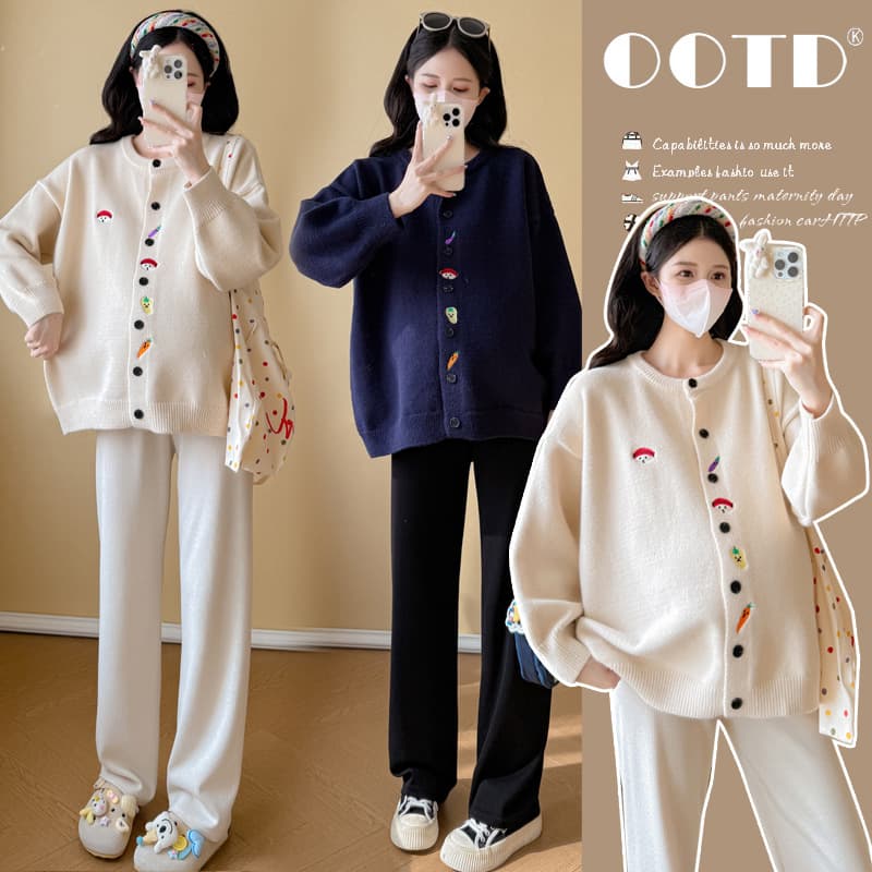 Fashionable, loose-fitting, slimming, youthful, thick embroidered cardigan sweater for pregnant women in autumn and winter.