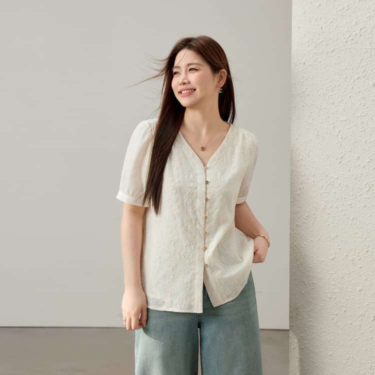【Elegant, Gentle, Versatile, Pure Cotton Skin-Friendly V-Neck Shirt】Qianlixiu Plus Size Women's Clothing 2025 Summer New Arrival