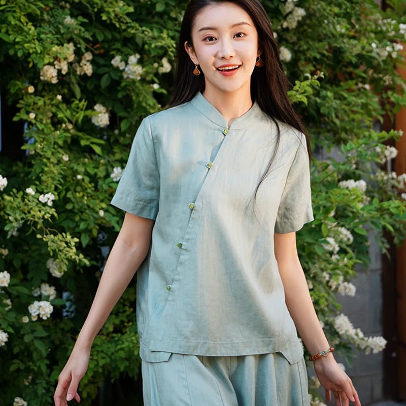 Tencel Linen New Chinese Style Summer New Short Sleeve and Long Pants Set for Women, Slanted Front Short Sleeve Zen Women's Set