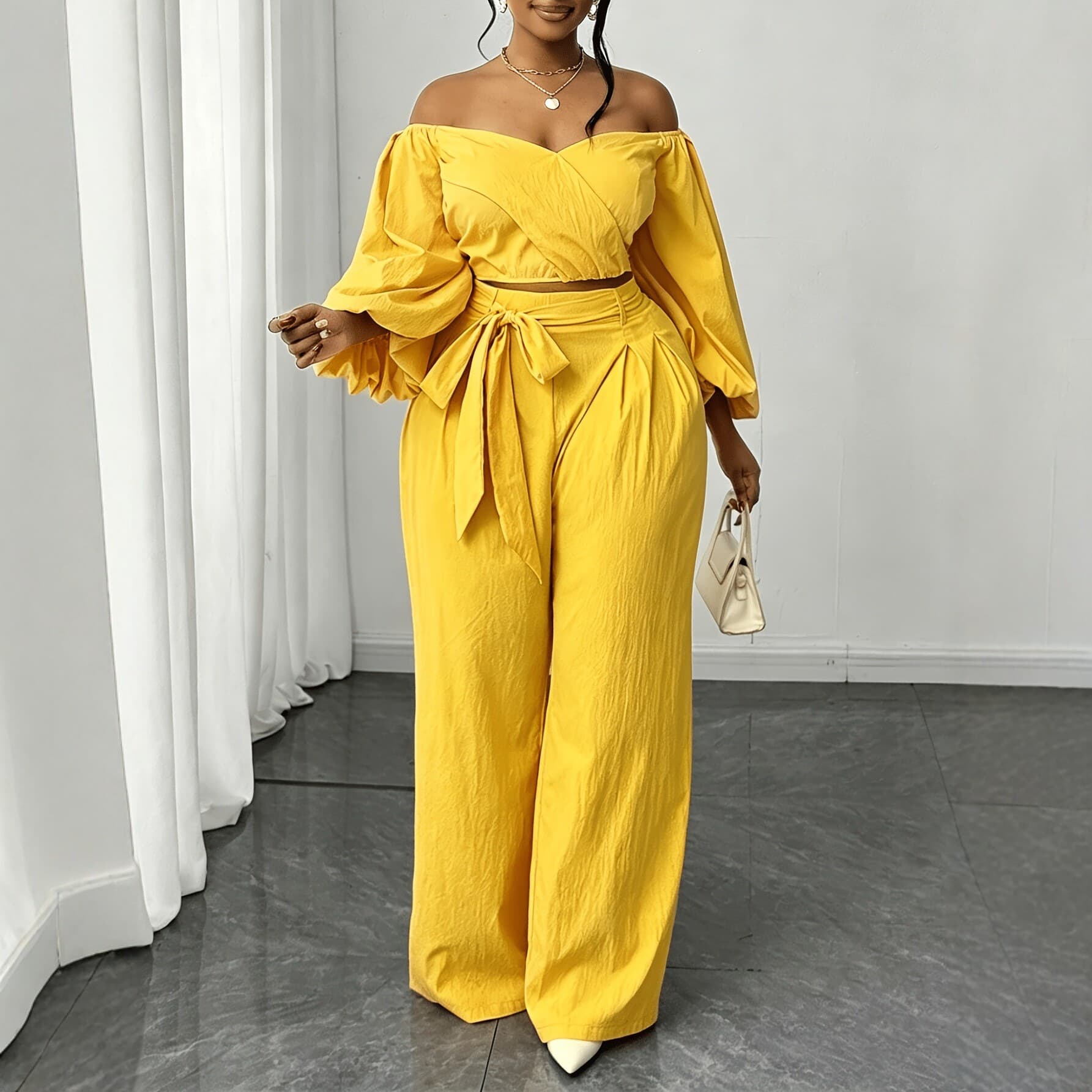 European and American Export 2026 Plus Size Women's Off-Shoulder Fashion Top Set with Tie-Strap Straight-Leg Long Pants Two-Piece Set
