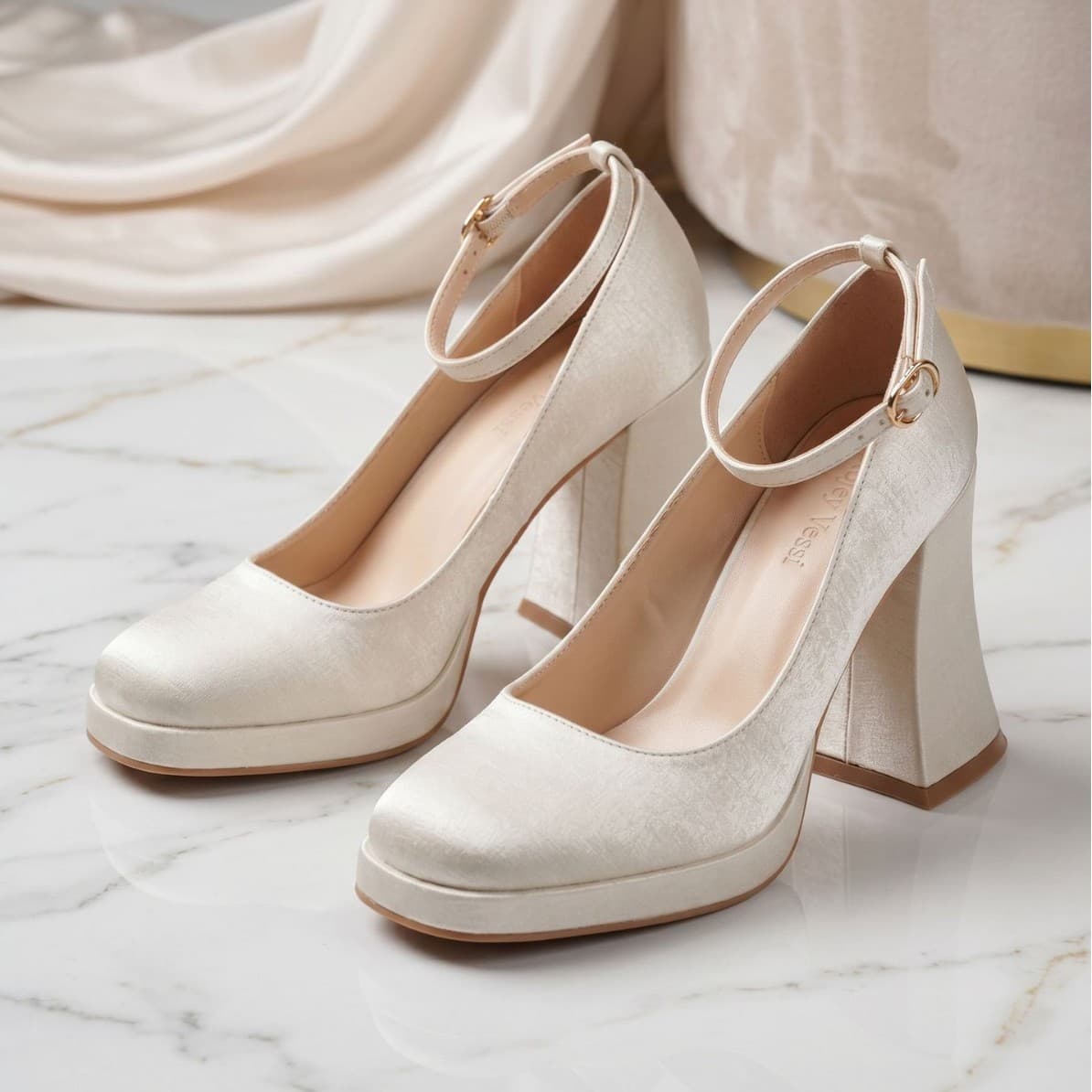 Women's High Heel Dress Shoes, Chunky Heel, Buckle Strap, Satin, French Style, Versatile, In Stock Wholesale, Comfortable, Premium Look