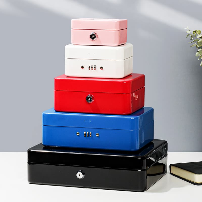 Handheld cash box, metal box with lock, combination lock, storage for cash, safe, cash register box.