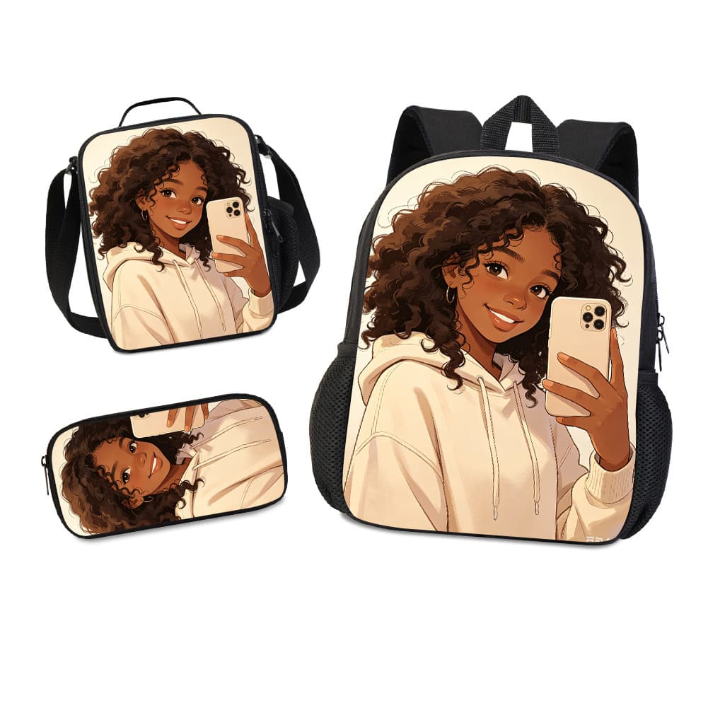 Cross-border supply anime selfie black girl school bag three-piece set children's thermal lunch bag multi-function pencil bag