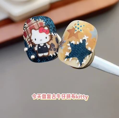 Vintage Denim Patchwork Cartoon Cat Nail Art Decals, Cute Hand-painted Line Gradient Nail Art Accessories Tools