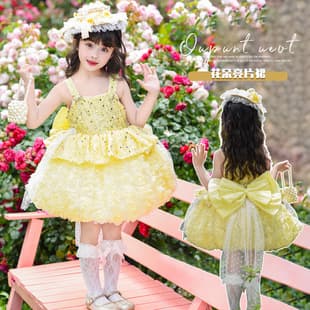 Girl's 2026 Summer New Sequin Princess Style Cake Dress Rose Flower Dress Camisole Bloomer Floral Dress Puffy Dress