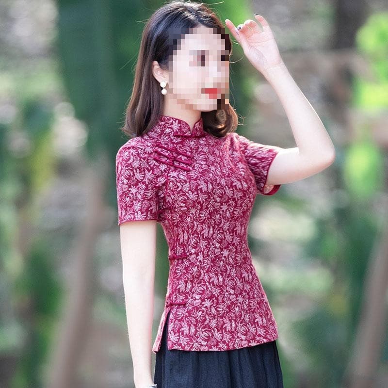 Spring/Summer Chinese-style Improved Half-length Cheongsam Top Short Sleeve Vintage Style Slim Fit Faux Linen Ethnic Style Women's Wear