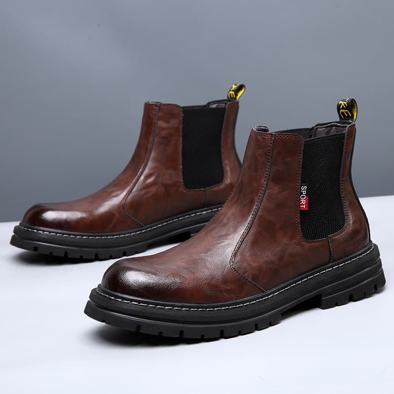 New Winter Martin Boots for Men, Trendy Genuine Leather British Style Fleece-Lined Work Boots, Vintage Chunky Sole Chelsea Boots