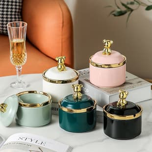 Luxury Ceramic Ashtray with Lid, Anti-Fly Ash, Windproof, Creative Home Living Room Office Ashtray