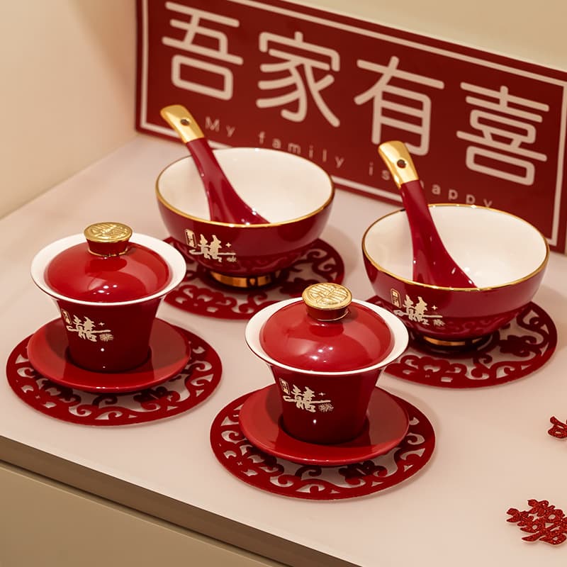 Premium Red Toasting Cup Pair for Wedding Ceremony, Full Set with Dowry Bowls and Tea Accessories