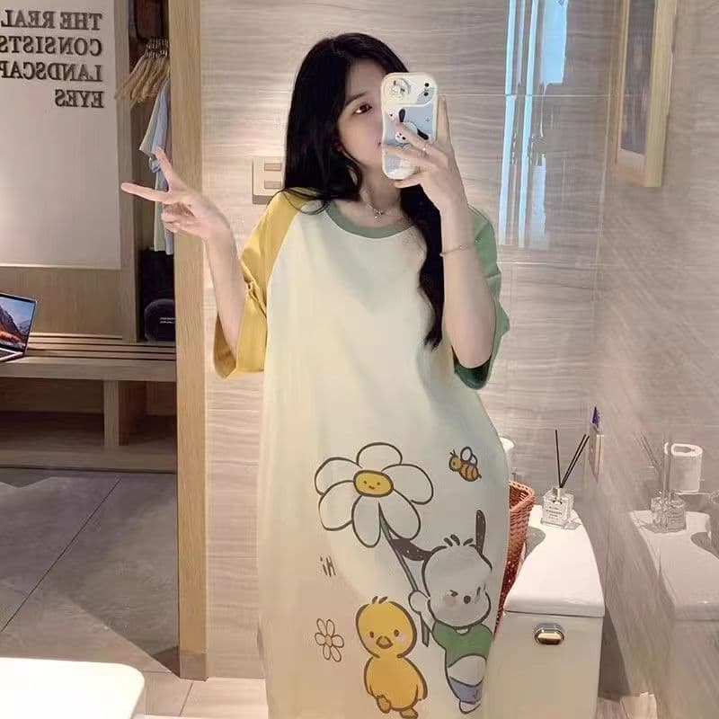 2024 Summer New Sleep Dress Women Pajamas Sweet Short Sleeve Mid-Length Plus Size Loose Cotton-Like Homewear Wearable Outside