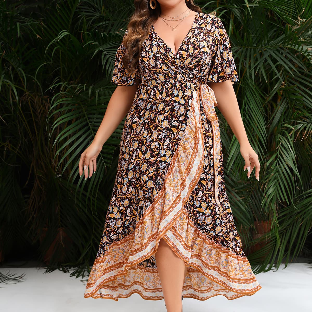 European and American Plus Size Dress, V-Neck Short Sleeve Printed Ruffled Spliced Irregular Tie Wrap Long Dress