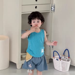 Boys Striped Vest Denim Shorts Set 2026 New Summer Baby Clothes Korean Style Kids Summer Wear