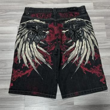 Gothic Dark Style Print Men's Short Jeans High Street Harajuku Wide Leg Five-Quarter Pants Summer Cotton Straight Leg Trousers