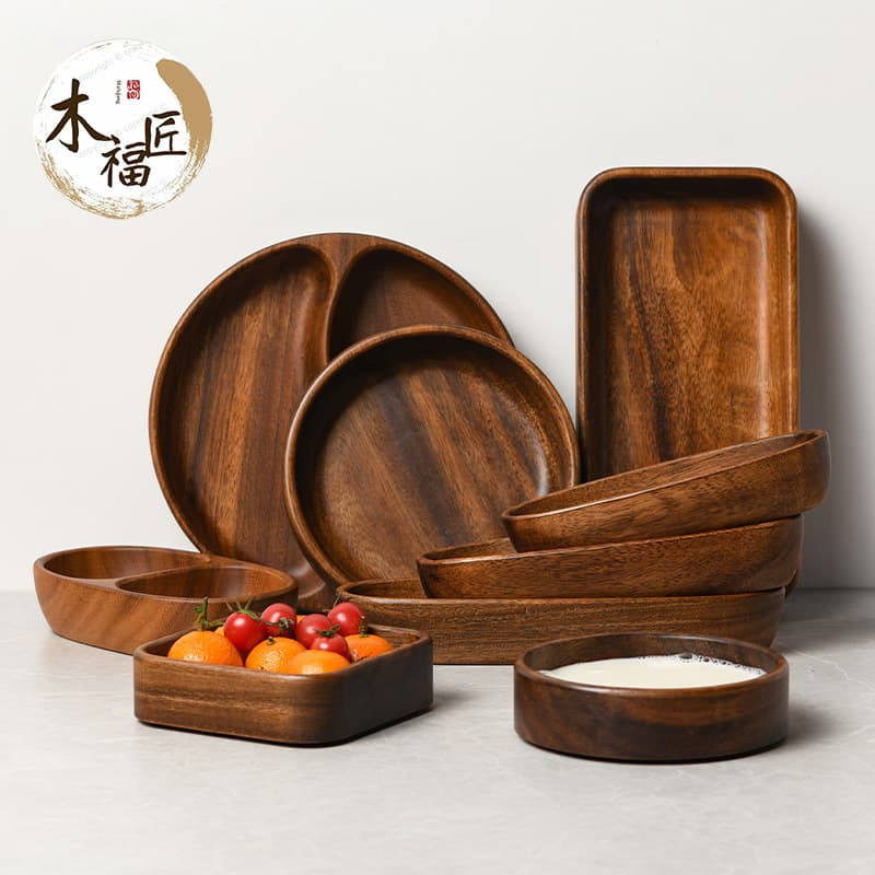 Acacia fruit plate solid wood round salad bowl dish dinner plate household dried fruit fruit plate Japanese wooden tray