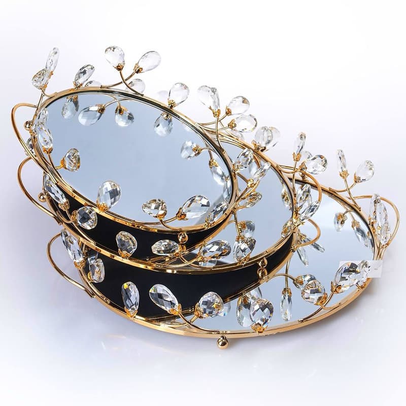 High-end Crystal Mirror Tray with Iron Art Floral Inlay Decorative Ornament, Aromatherapy Candle and Cosmetics Display Storage Tray