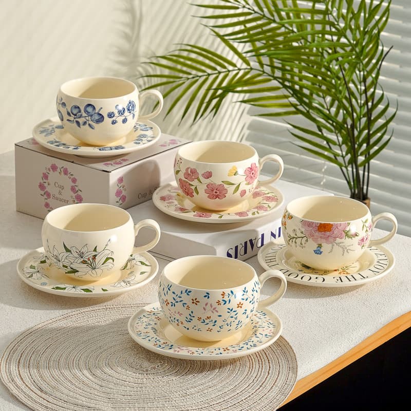 Floral Ceramic Mug for Home Use, Trendy Drinking Cup with Fresh Flower Pattern, Afternoon Tea Cup and Saucer Set, Girl's Heart Ceramic Cup