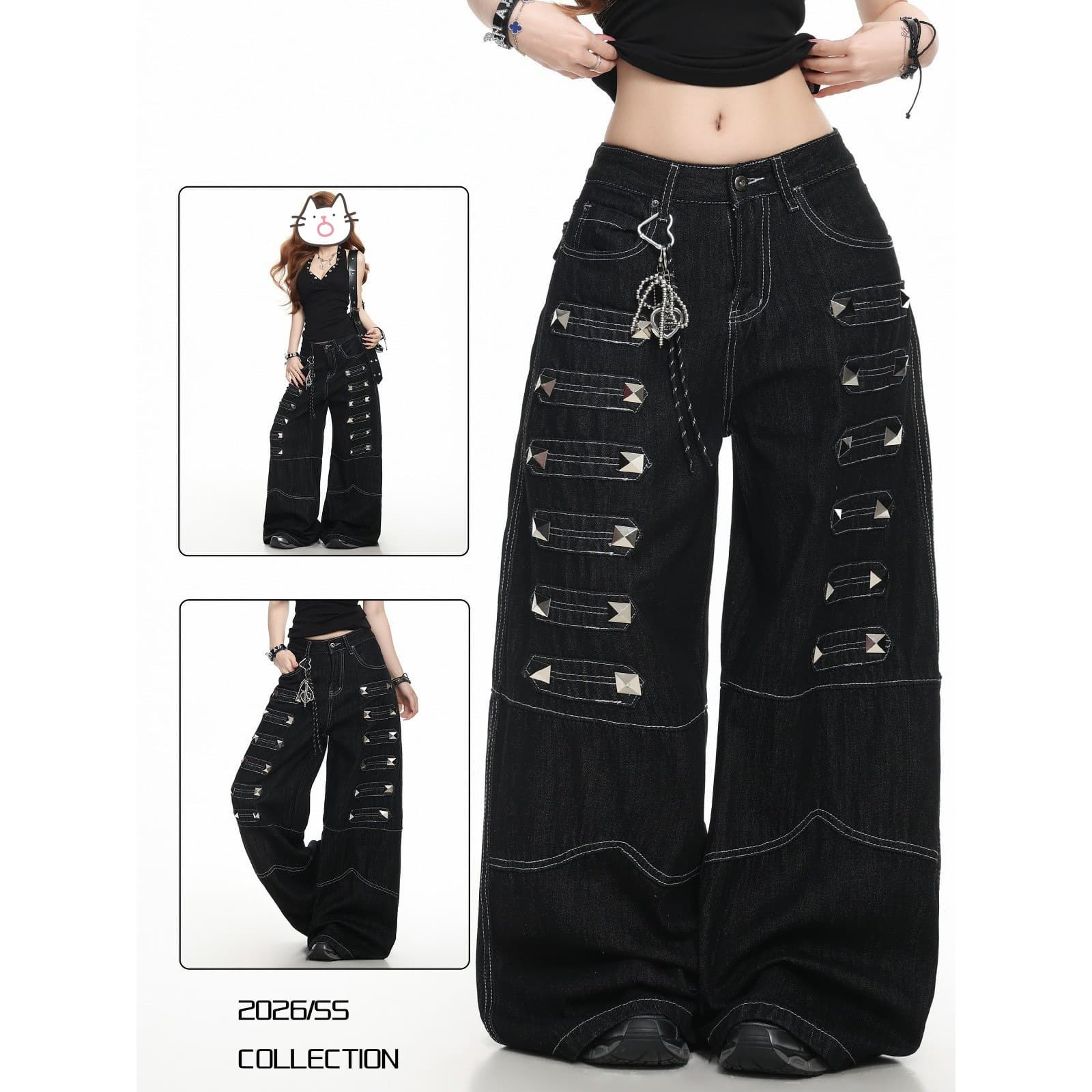 Trendy American Retro Rivet Design Wide-Leg Jeans for Women New Style Casual Straight-Leg Floor-Length Pants