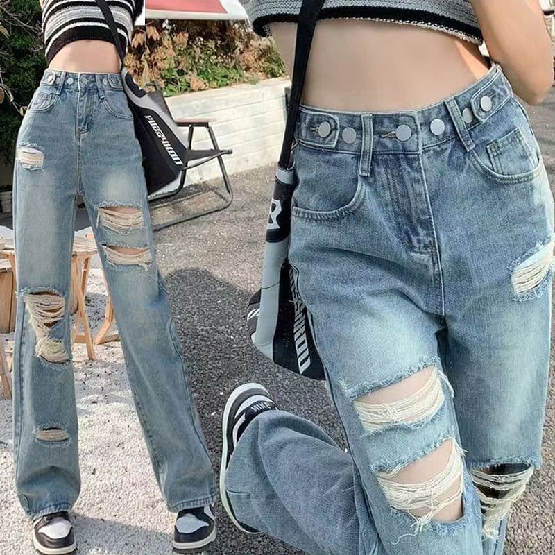 Ripped jeans women's loose plus size 2025 spring new high-waisted wide-leg drapey floor-length straight pants for small people