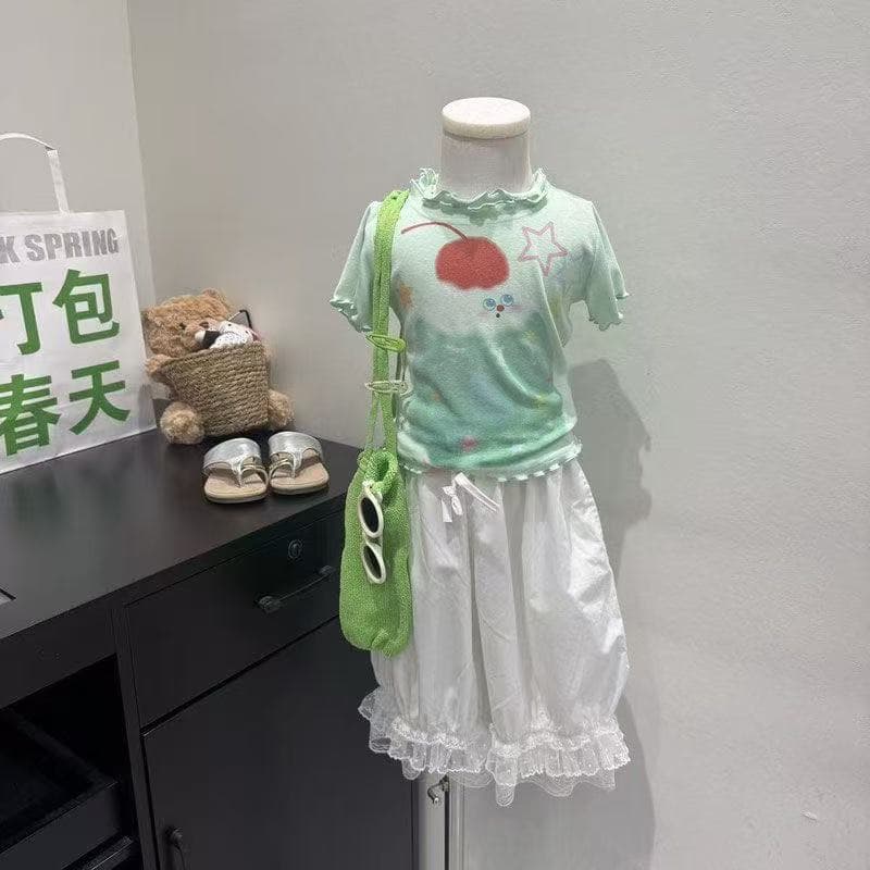 New Spring Girls Floral Print Short Sleeve T-Shirt and Lace Trim Pants Set Summer Korean Style Two-Piece Set