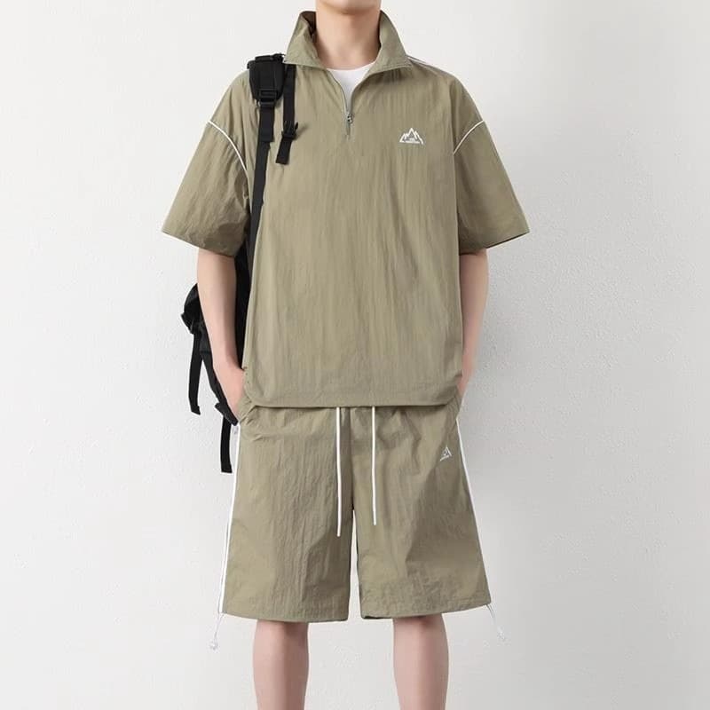 Ice Silk Casual Men's Sportswear Set Summer Three-Stripe Zip Short Sleeve with Shorts Full Sun Protection Outfit
