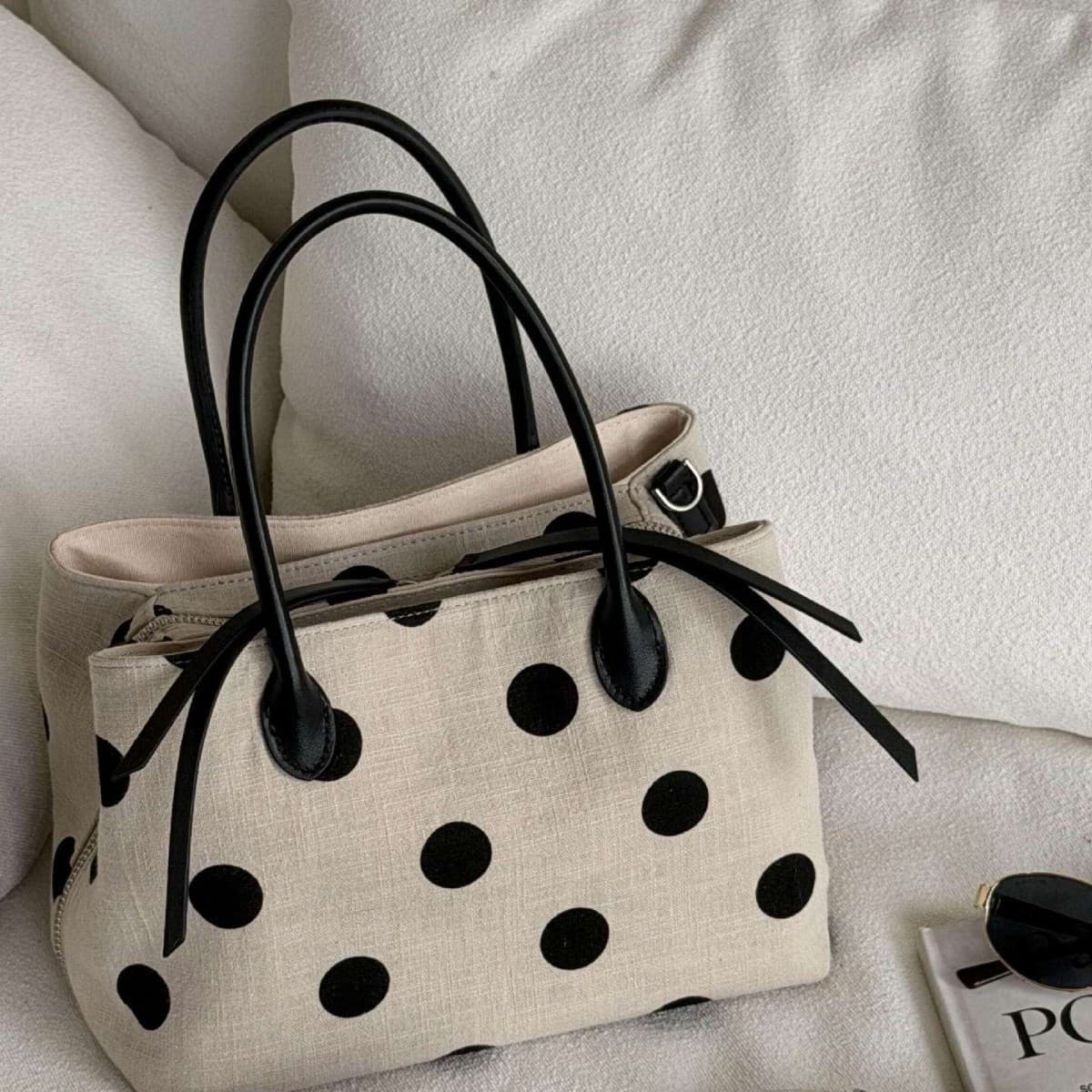 2026 Spring and Summer New Style Linen Polka Dot Bag Shoulder Bag Crossbody Bag Women's Bag Retro Commuter Bag Retro Handbag