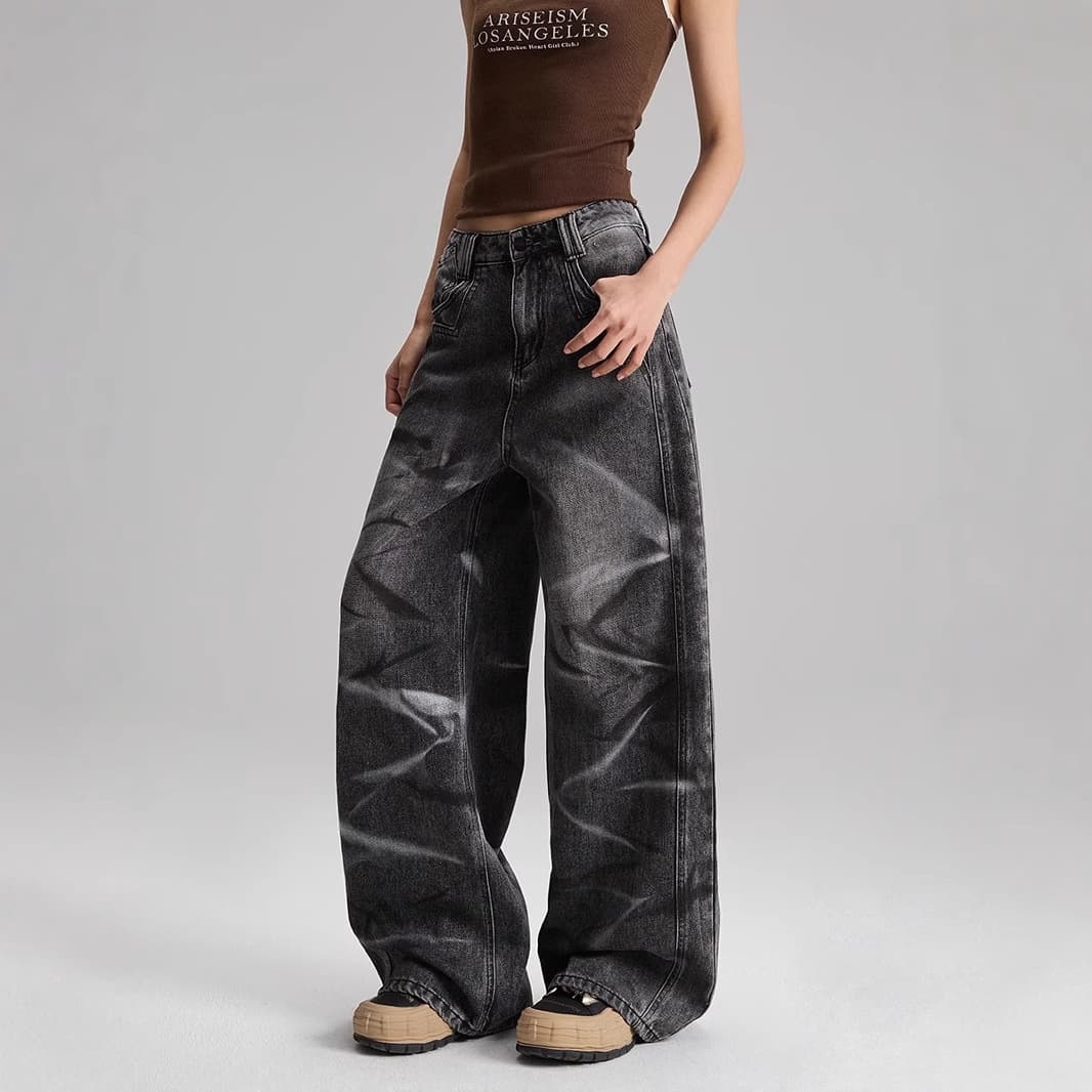 New trendy brand design tie-dyed white jeans for women, high street style, pleated, topstitched, loose wide-leg pants