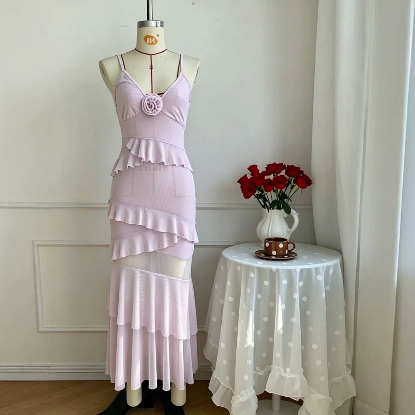 Cross-border women's backless solid color suspenders summer temperament slim ruffle dress long skirt seaside vacation dress
