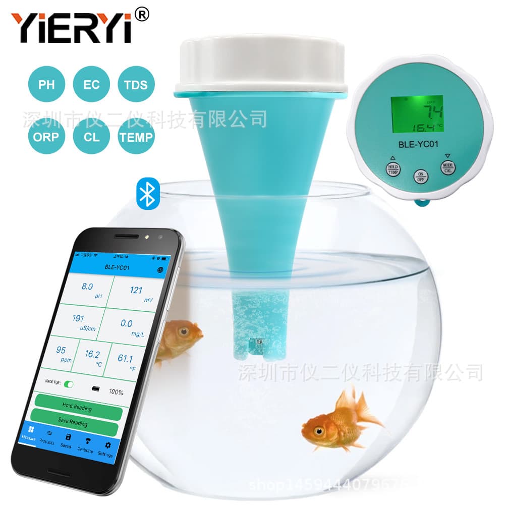 YC01 Pool CL Residual Chlorine Tester/PH/EC/ORP Bluetooth APP Six-in-One Aquarium Water Quality Monitor