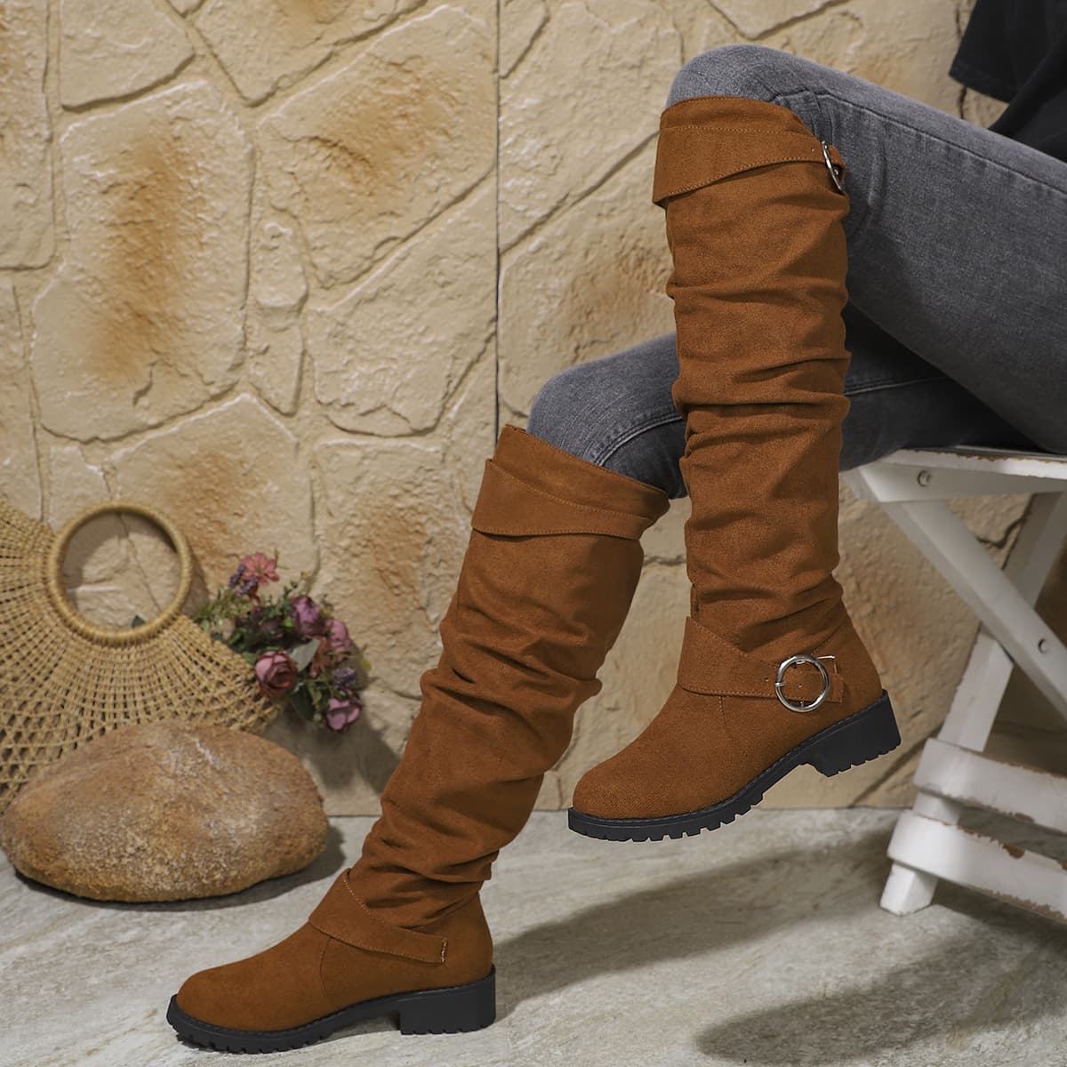 Cross-border large size women's boots 2025 new high-tube suede pile boots women's western cowboy retro boots knight boots