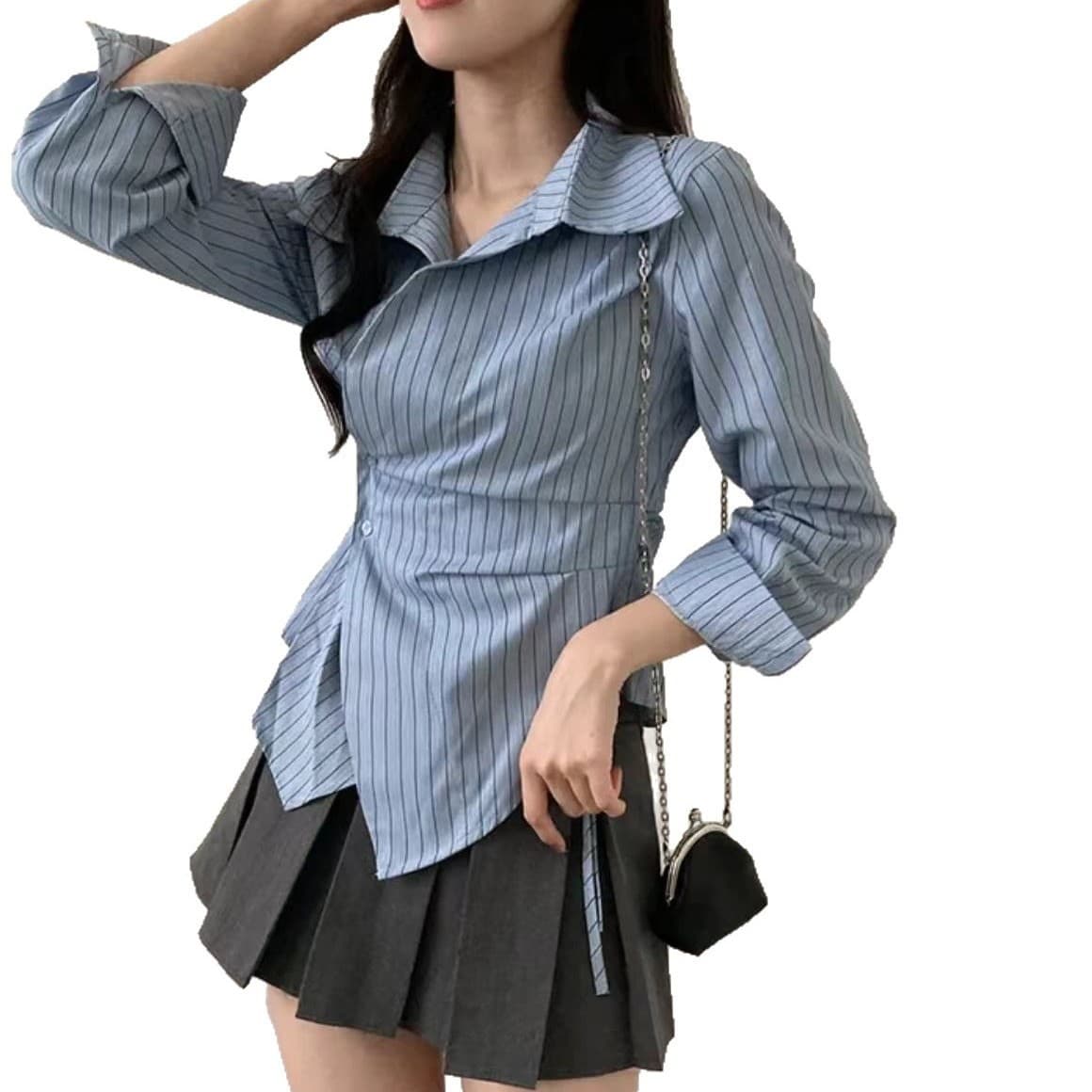 Korean-style irregular waist shirt for women, new spring/autumn striped collegiate blouse, long-sleeve slimming top