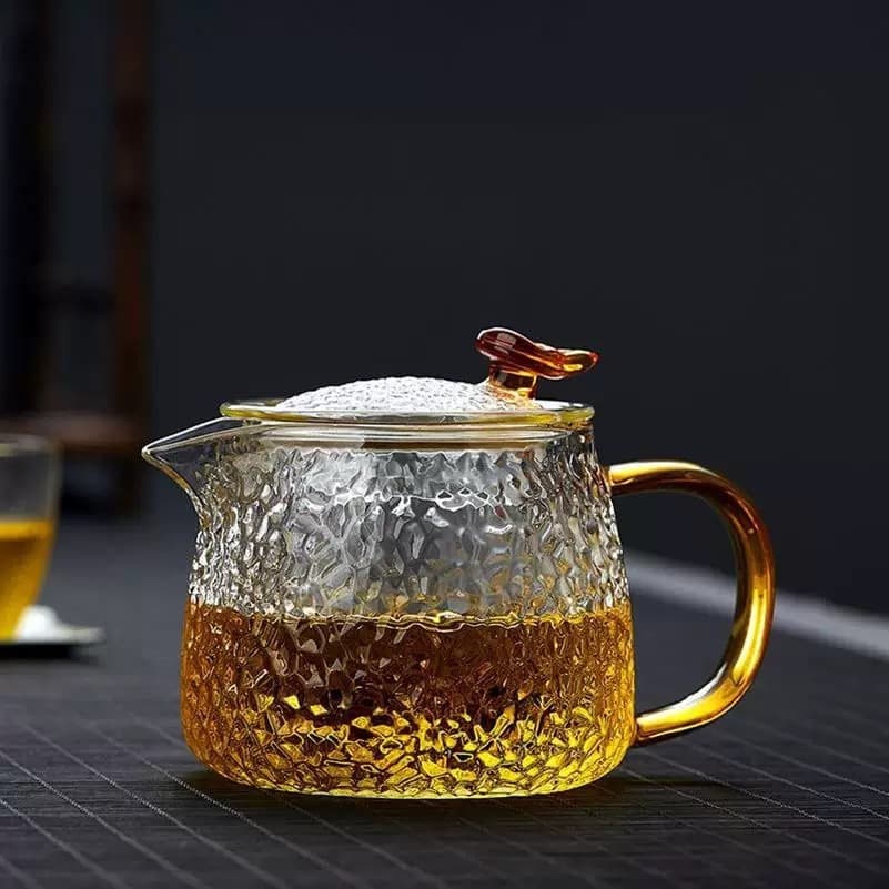 Hammered Glass Tea Infuser with Handle Cup, Home Tea Pot for Hospitality, Heat-Resistant Kung Fu Tea Set