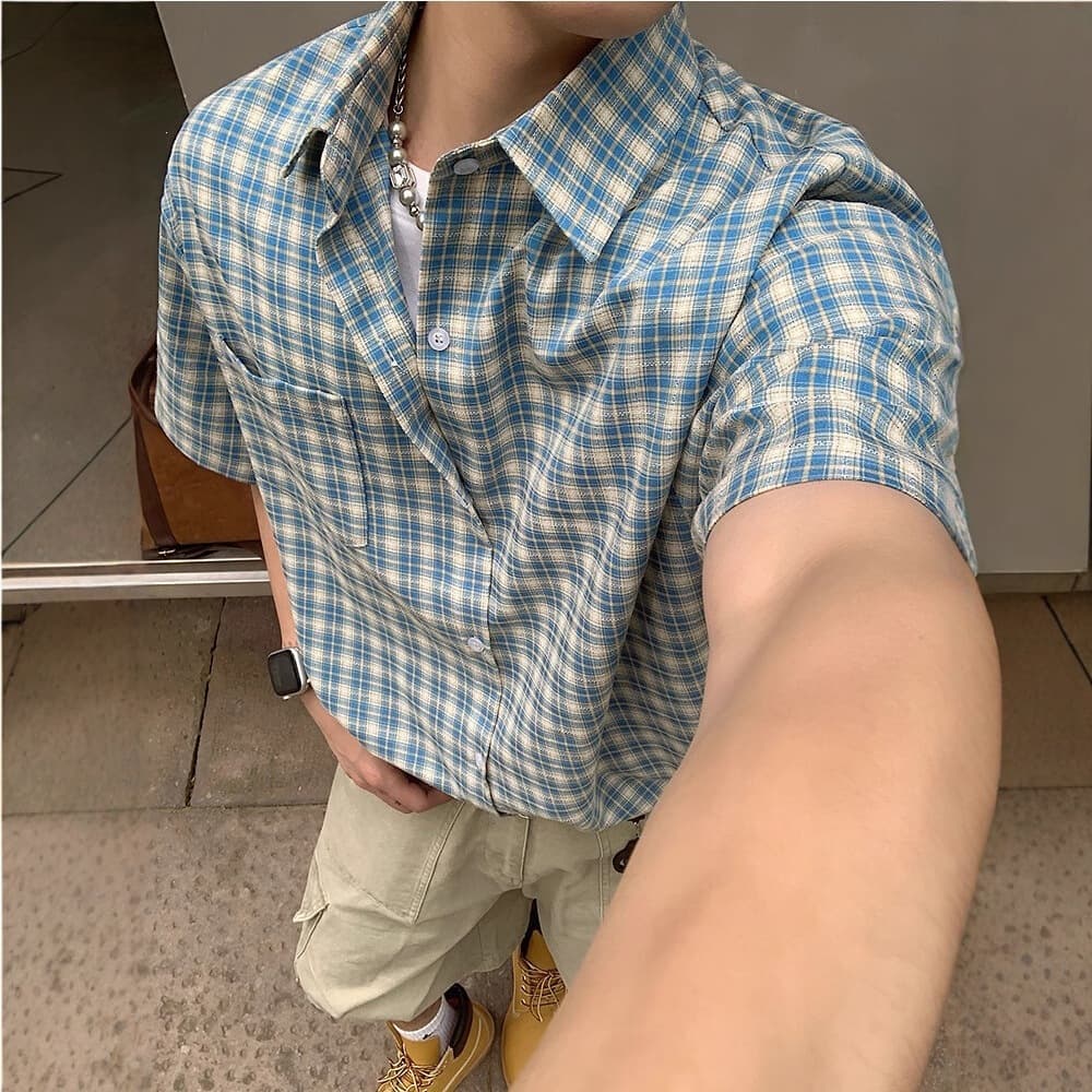 American Retro Short Sleeve Plaid Shirt Men's Summer Clean Sunny Boy Outfit Loose Half Sleeve Shirt Top