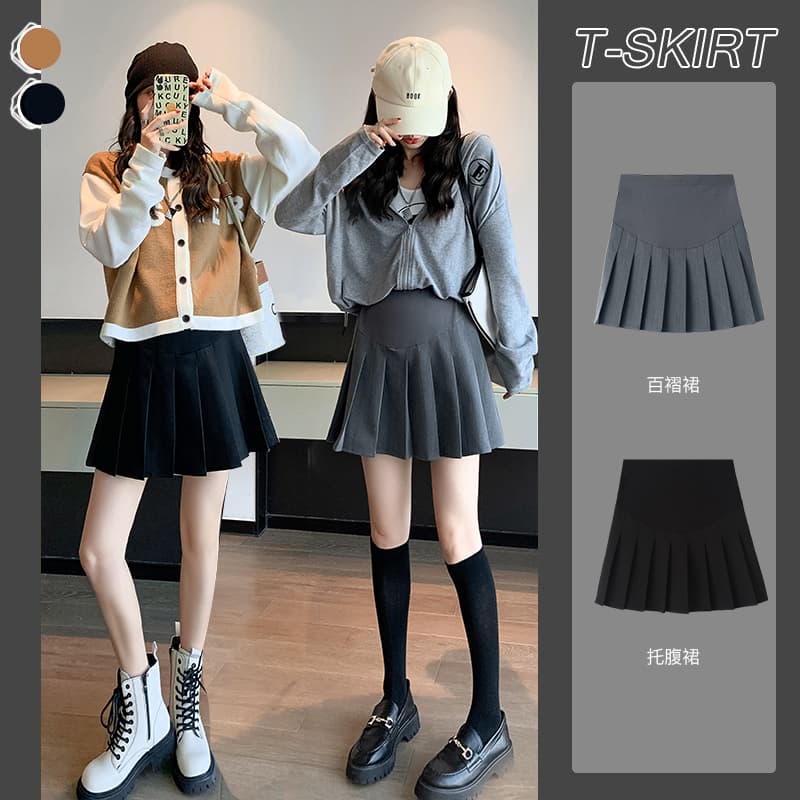 Maternity Half Skirt Spring Autumn Bump Support A-Line Pleated Short Skirt Midi Skirt Women's Clothing Autumn Wear