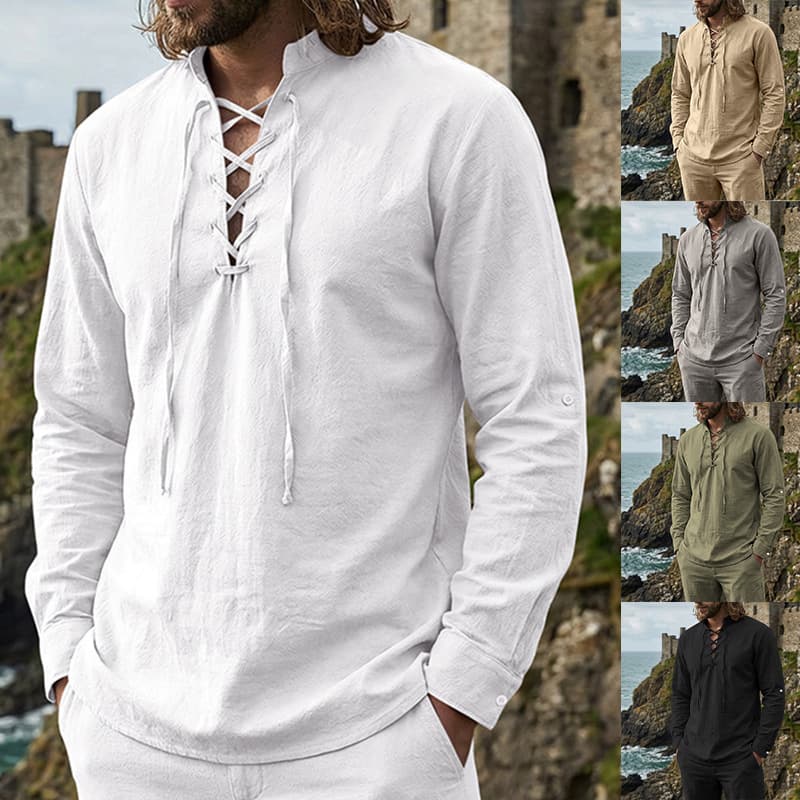 Cross-border Amazon men's linen casual stand collar henley long-sleeved t-shirt shirt linen material retro henley shirt