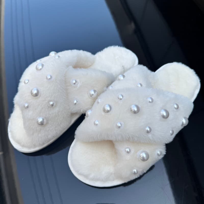 New Cross-Strap Slippers, Pearl Fuzzy Slippers for Women, Indoor Home, Thick-Soled, Plush Slippers, Large Size, Cross-border Wholesale