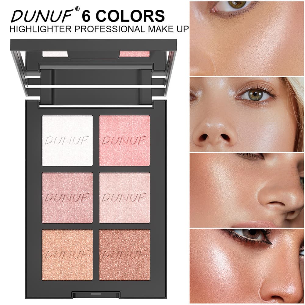 DUNUF 6-Color Highlighter Palette, Shimmer Sparkle Fine Glitter, Export Beauty Highlighter Contour Powder