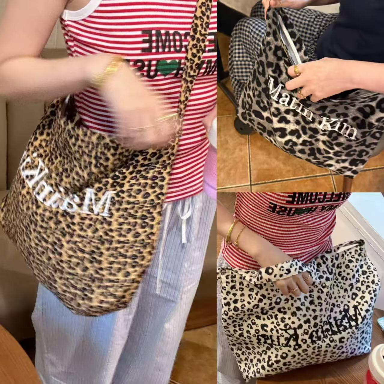 In Stock Korean Matin Kim Leopard Print Canvas Bag matinkim Korean Style Casual Ins Fashion Simple Versatile Bag