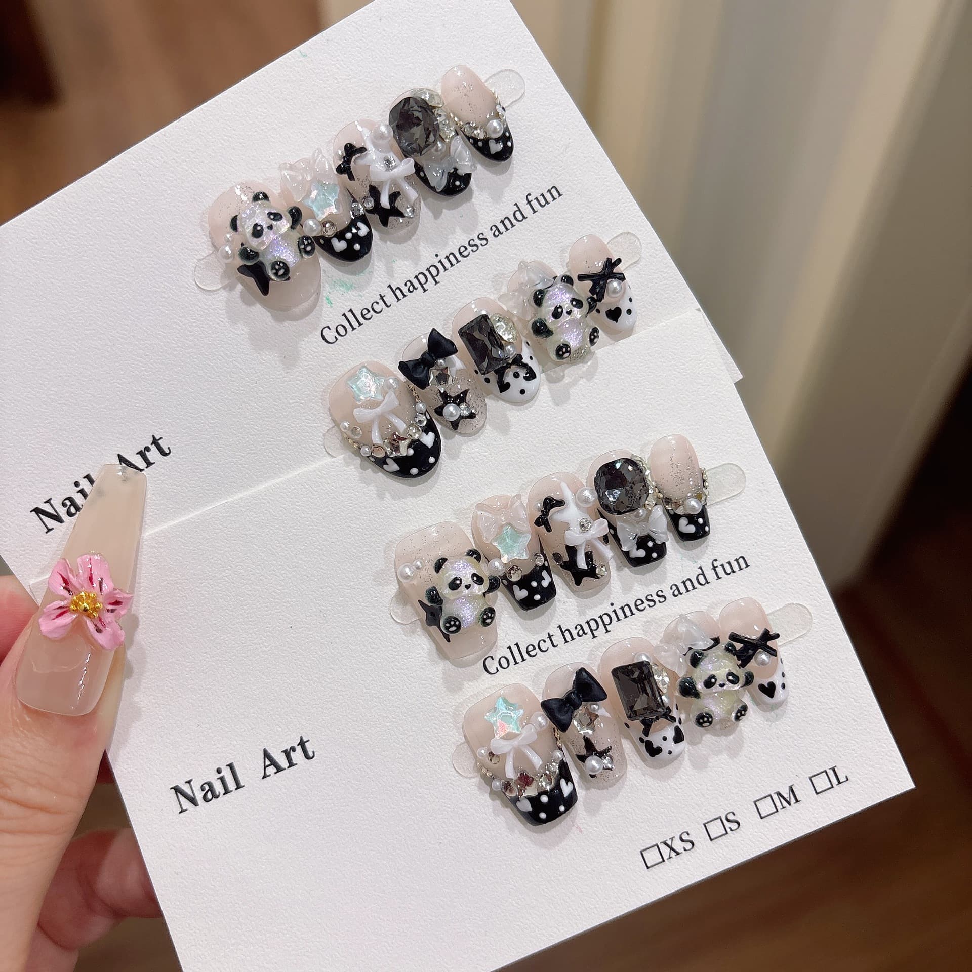European and American wearable nails wholesale cute handmade cartoon red panda eyes short French manicure patches short nails