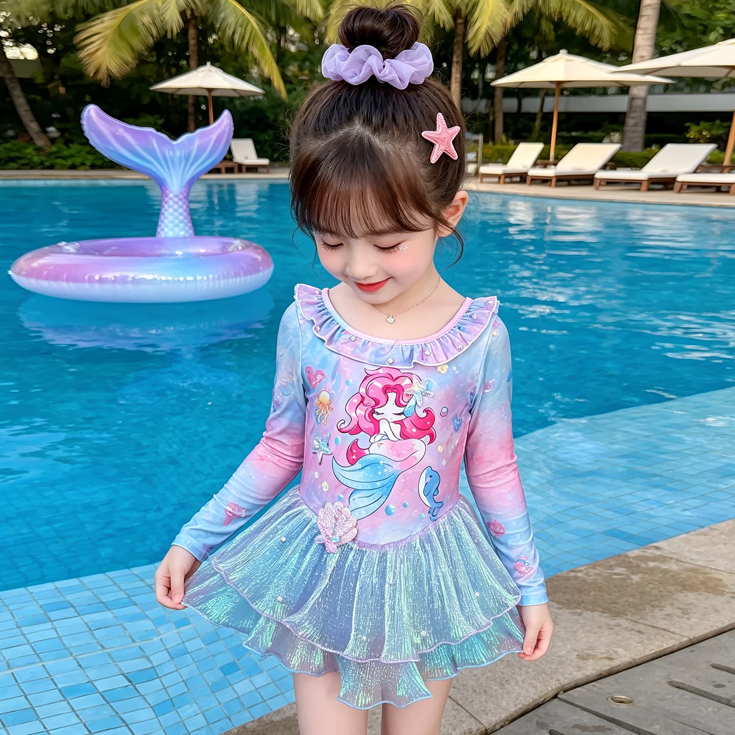 Girls mermaid swimsuit 2026 new children's long-sleeved sun protection one-piece swimsuit baby girl quick-drying princess swimsuit