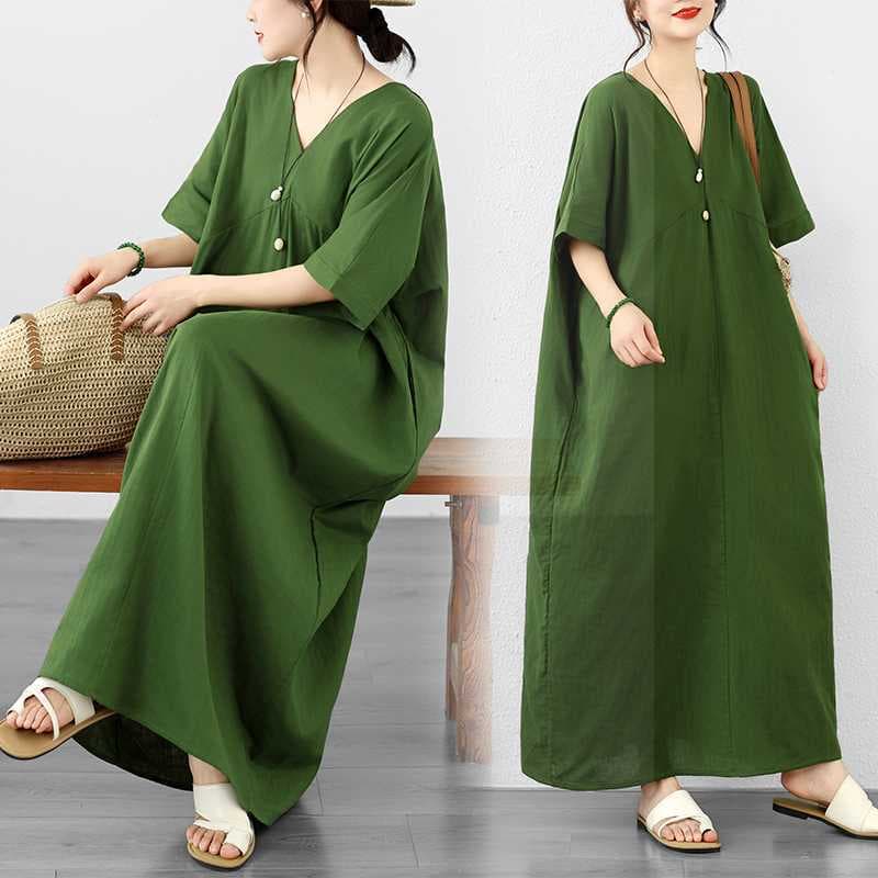 Real Shot of a New Chinese-Style Short-Sleeve V-Neck Double-Layer Cotton Green Loose-Fitting Batwing Sleeve Plus-Size Long Dress for Women