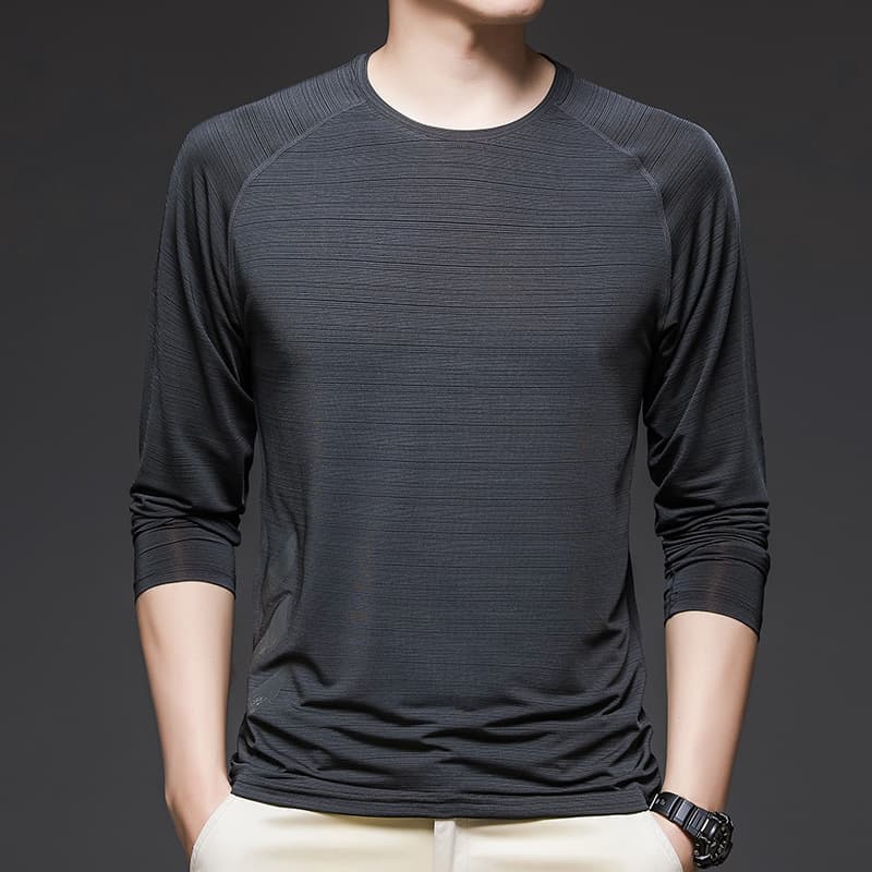 Spring/Summer Ice Silk T-Shirt for Men, Thin and Breathable Long-Sleeve Sports T-Shirt, Business Round Neck Stretch Solid Color T-Shirt