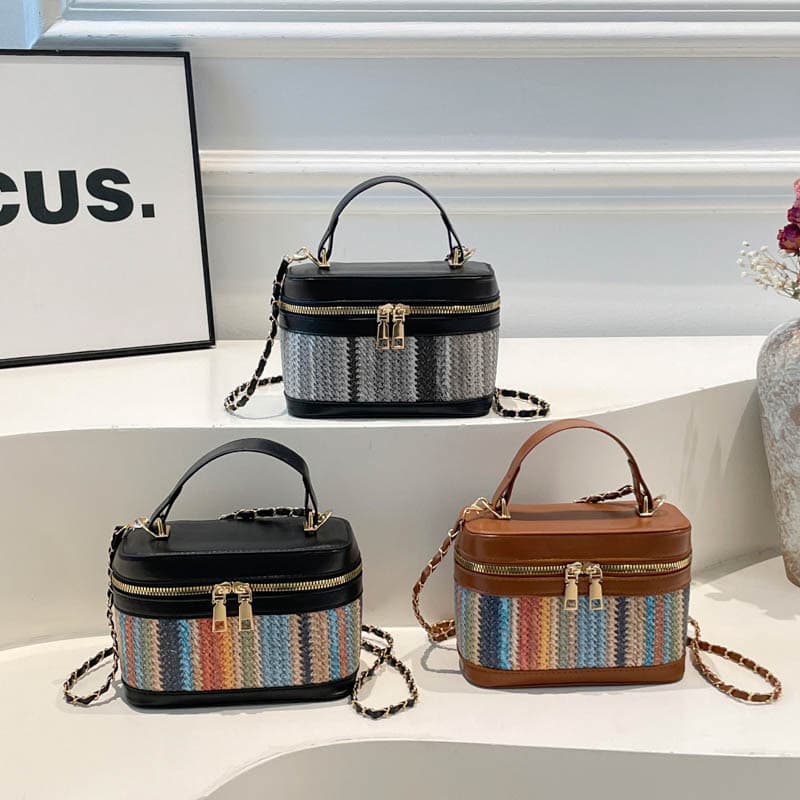 Women's Woven Bag with Color-Blocking Design, Handbag Box Style, 2026 New Korean Fashion Trendy Shoulder and Crossbody Bag