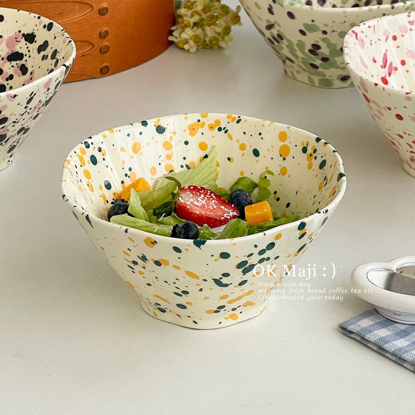 Ins Splatter Yogurt Bowl, High Appearance, Beautiful Ceramic Rice Bowl, Elegant Tableware, Home Fruit and Vegetable Salad Bowl