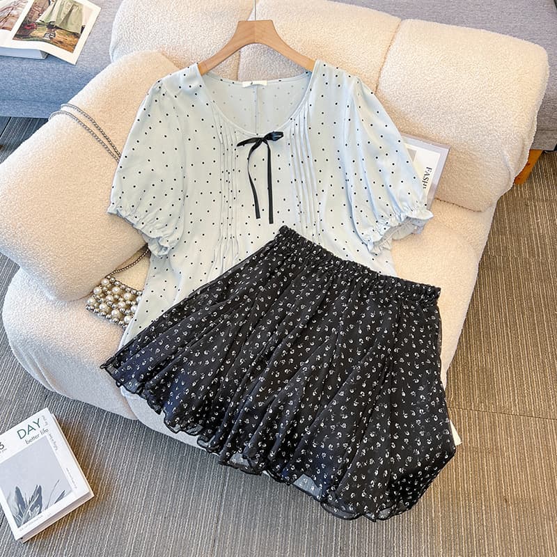 Plus Size Women's Fashion Summer Shirt + Floral Short Skirt Two-Piece Set for 130-300 lbs, New Style