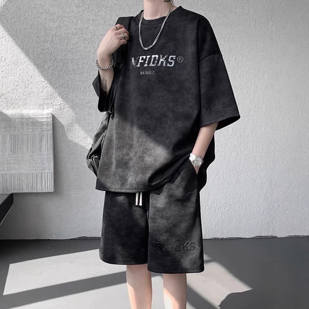 Vintage Tie-Dye Distressed Short Sleeve Set for Men, Ins Summer Oversized Streetwear Brand Loose Fit Teen T-Shirt and Shorts Set