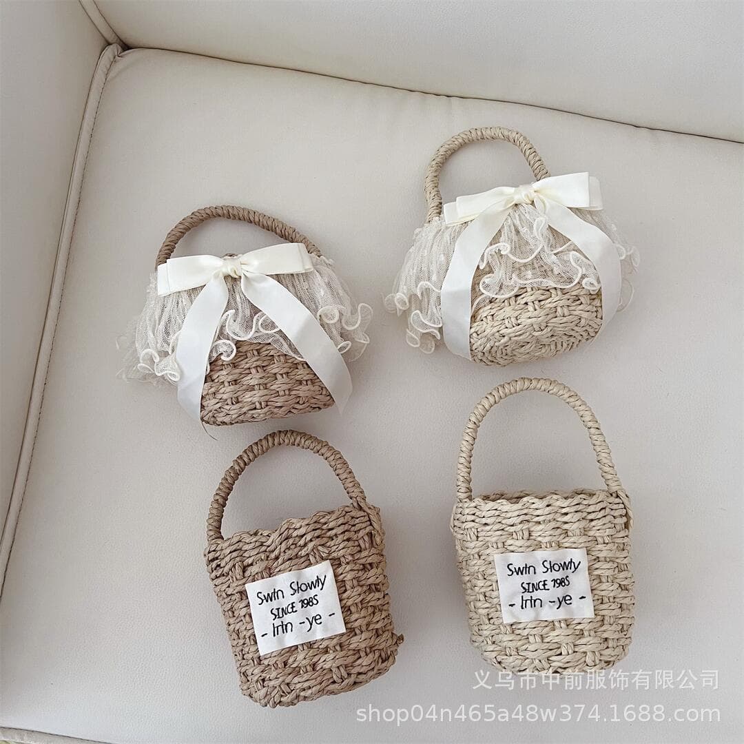 Korean-style Children's Handbag Fashion Lace Bow Handwoven Bucket Bag Summer Girl Bag Handbag